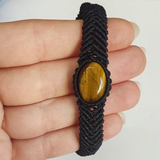 دستبند میکرو مکرومه با سنگ چشم ببر  tiger eye ، بافت دست