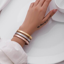 بنگل دستبند کارتیر طلایی و نقره ای و رزگلد جنس استیل رنگ ثابت