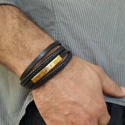 دستبند چرمی 4 بنده مشکی پلاک طلایی و نقره ای و رزگلد