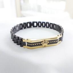 دستبند رولکس مردانه استیل مشکی با پلاک طلایی دو رنگ