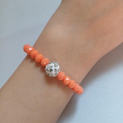 دستبند زنانه و دخترانه کریستالی نارنجی با بافت کشویی