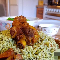 باقالی پلو با گوشت گوسفندی جذاب بامخلفات و سیب زمینی سرخ شده با برنج ایرانی 