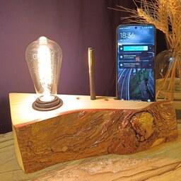 چراغ رومیزی چوبی نگهدارنده موبایل و جامدادی چوب کاج