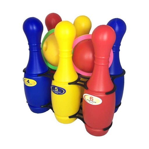 اسباب بازی بولینگ و حلقه پرتاب تاپ توی( سرگرمی ورزشی بلینگ پلاستیکی رنگی2 توپ 6 پینی یا 6 عددی)
