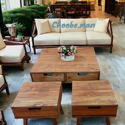 میز  جلو مبلی چهار کشو تمام چوب به همراه دو عدد عسلی کشو دار هم شکل میز با پایه های خراطی شده 42-80-80