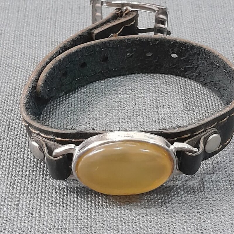 دستبند چرم طبیعی سنگ عقیق دورنگ سفید زرد خراسان