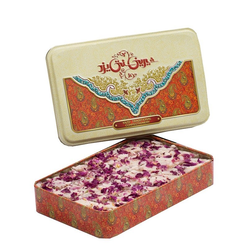 لوز نارگیل  گل محمدی طرح جعبه فلزی سنتی یزد  450 گرمی