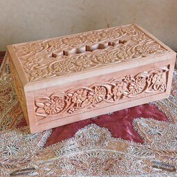 جعبه دستمال کاغذی چوبی ، منبت کار تمام دست ، منبت سبک گلپایگان زیبا و کاربردی