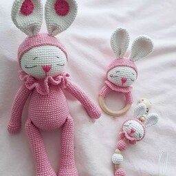 ست سیسمونی نوزاد خرگوشD..قد عروسک 25سانت.. سیسمونی. . بچگانه..عروسک بافتنی