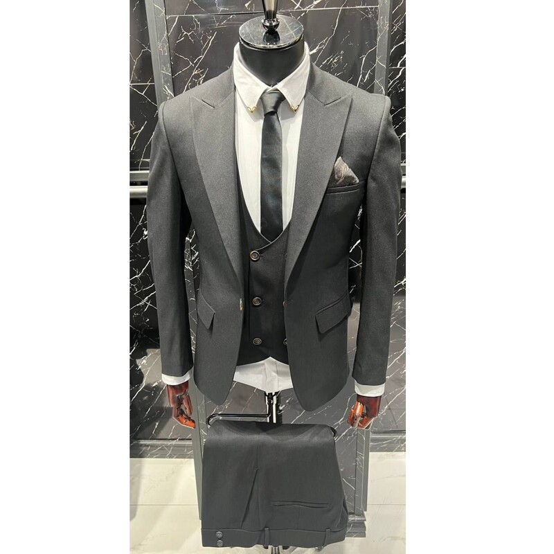 کت و شلوار مردانه تک دکمه فاستونی مطهری سایز بندی 46 تا 54 رنگ ذغالی اسلیم گوچی ارسال رایگان کراوات رایگان