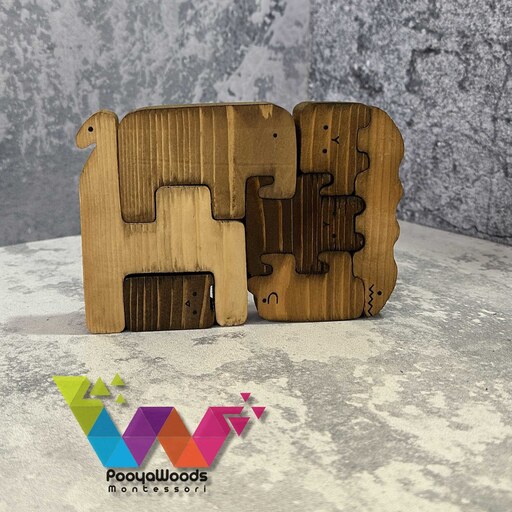 پازل چوبی خانواده مینیمال 7 قطعه - 7 حیوان تکمیل کننده - بازی آزاد و تعادلی - چوب روس