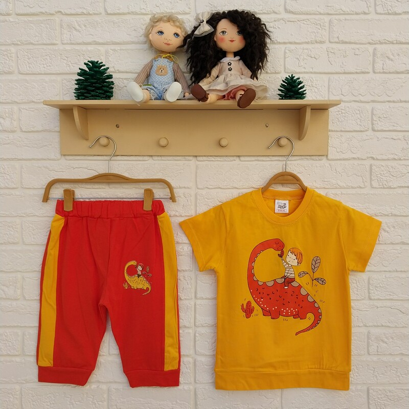 لباس بچگانه ست تیشرت شلوارک پسرانه از سایز 40 تا 50 دایناسور نارنجی