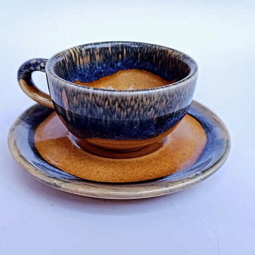 فنجان نعلبکی قهوه خوری سرامیکی رنگ عسلی-سورمه ای