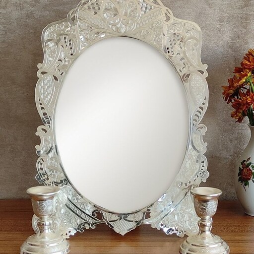 آینه و شمعدان طرح نقره،کار دست کارگاه شمیسا ، مناسب برای عروس و داماد ، هفت سین 