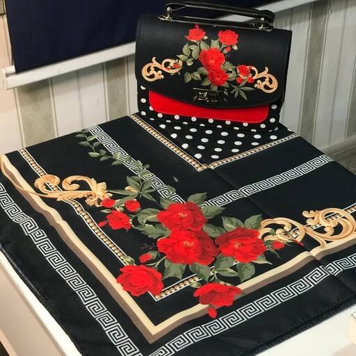 ست کیف و روسری زنانه رنگ مشکی با گل های رز قرمز ارسال رایگان mo657