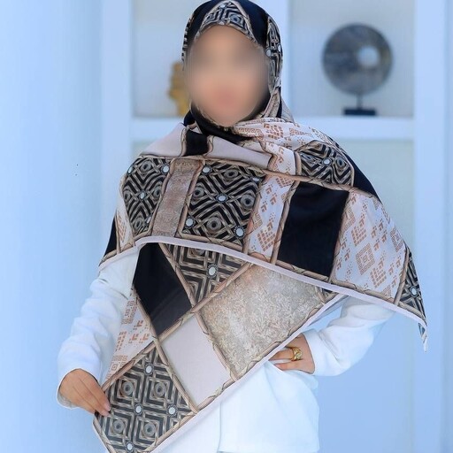روسری حریر نخ زنانه قواره بزرگ 140 در طرح بربری مشکی مجلسی ارسال رایگان 