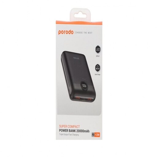 پاوربانک (PD و فست شارژ) Porodo 20W 20000mAh مدل PD-PBFCH007-BK  مشکی رنگ با گارانتی یکساله شرکتی معتبر