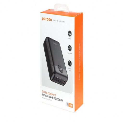 پاوربانک (PD و فست شارژ) Porodo 22.5W 30000mAh مدل PD-PBFCH008-BK  مشکی رنگ با گارانتی شرکتی معتبر یکساله 