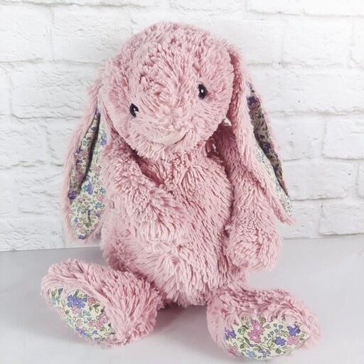 عروسک پولیشی خرگوش جلی کت خز بلند با کف پا و گوش های پارچه گل دار.به سفارش انگلستان.بسیار زیبا و خوش رنگ. داخلش شن داره
