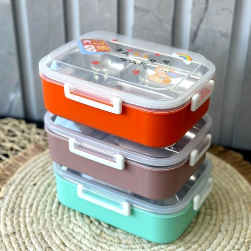 ظرف غذا کودک و بزرگسال داخل محفظه استیل (لانچ باکس ) 3 بخشی  بدون نشتی دارای قفل چهارطرفه در سه رنگ زیبا