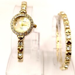ست ساعت و دستبند زنانه رنگ طلایی نگین دار 