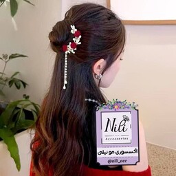 گیره مو زنانه ژاپنی کانزاشی طلایی دوشاخه طرح گل رز مخملی قرمز آویزدار  وارداتی