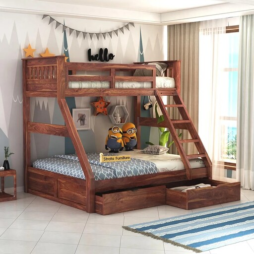 تخت خواب دو طبقه کودک و نوجوان با دو کشو زیر تخت و پله نردبانی سفارشی ساز نیوهوم ارسال رایگان