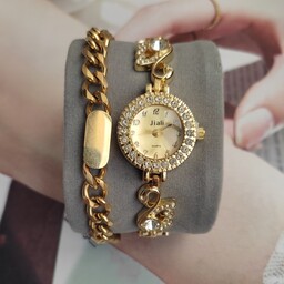 ساعت دخترانه جواهری رنگ طلایی مدل دستبندی 1004