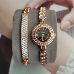 ساعت دخترانه جواهری رنگ رزگلد مدل دستبندی 1005