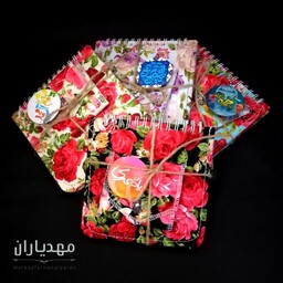 بسته دفترچه پارچه گل گلی به همراه پیکسل و جامهری 50 برگی اندازه 15 در 15 هدیه روز دختر جشن عبادت هدیه فرهنگی 