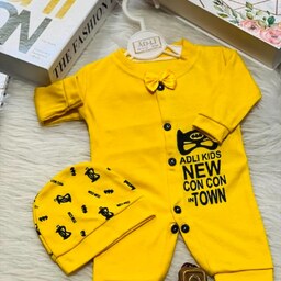 لباس نوزادی و سرهمی نوزاد با کلاه طرح زرد چشم گربه ای
