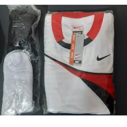 ست پیراهن و شورت ورزشی مردانه  سفید- قرمز طرح نایک به همراه  جوراب ورزشی