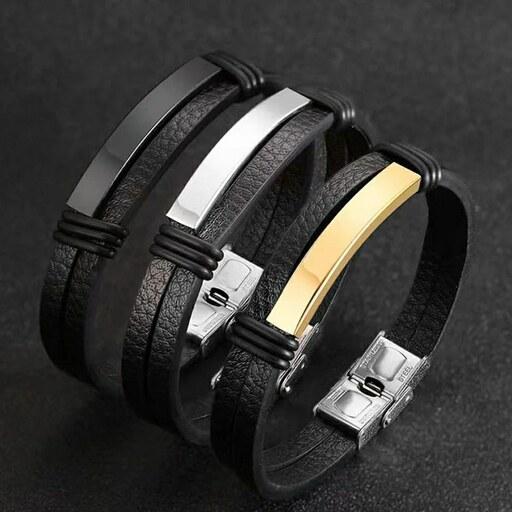 دستبند دو لایه چرم طبیعی با پلاک استیل 316