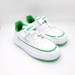کفش اسپرت پسرانه و دخترانه چسبکی زیره پیو تزریق مستقیم نرم و سبک و بادوام رنگ سفید سبز مدل پاموک کد 44148 ارسال رایگان 