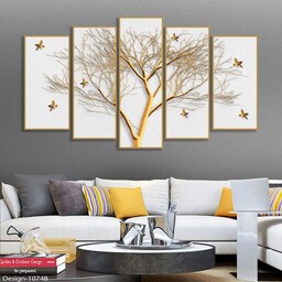 تابلو دکوراتیو درخت پنج تیکه مدرن زمینه سفید سایز بزرگ 
