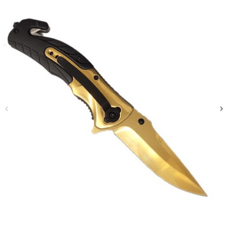 چاقو F90 بوکر به رنگ طلایی و ثابت دارای کاتر و شیشه شکن