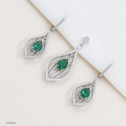 نیم ست ست نقره با سنگ سبز الماس تراش طرح اشک کد 3102