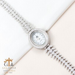 ساعت تمام نقره زنانه مدل خوشه گندمی جواهری کد 19061