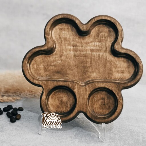 سینی پذیرایی چوبی دست ساز سرو قهوه دو کاپ طرح گل ساخته شده از چوب پلای وود (چندلایه) خارجی 