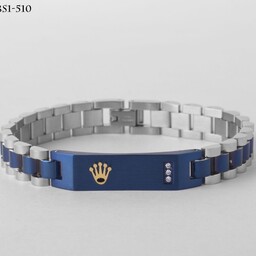 دستبند رولکس استیل پلاک دار دو رنگ آبی سفید 