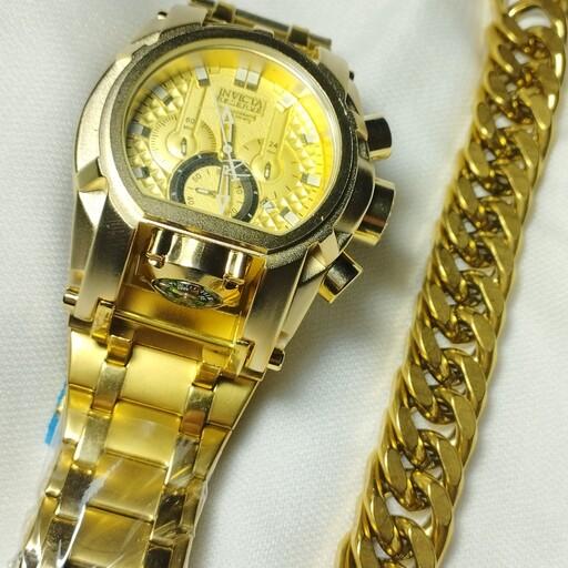 ست مردانه تمام استیل طلایی با ساعت پر طرفدار و زیبا همراه با دستبند درشت طلایی و ساعت تمام استیل موتور ژاپن اصلی اصل اصل
