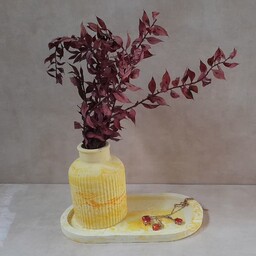 ست سینی و گلدان سنگ مصنوعی دست ساز زرد (بدون گل)