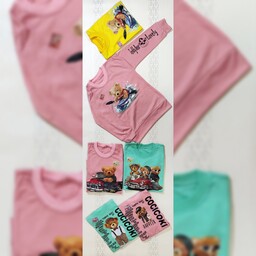 لباس بچگانه بلوز تک پسرانه ترگل پنبه پلی استر طرح خرس تدی،سایز40تا50،رنگبندی یشمی، صورتی چرک 