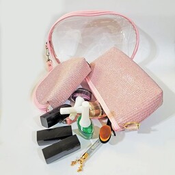 کیف لوازم آرایش زنانه طلایی مدل لمه 3عددی شاین دار   کیف سه عددی شاین دار