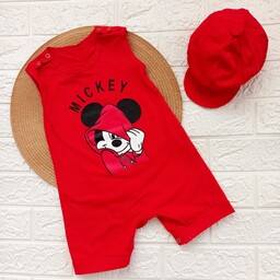 رامپر نوزادی طرح میکی موس با کلاه تابستانی لبه دار رنگ قرمز سایز3