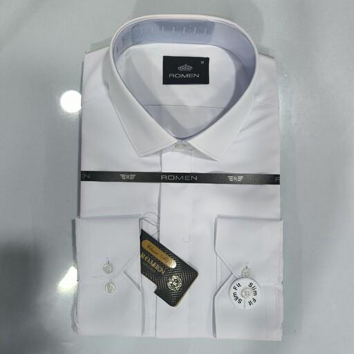 پیراهن سفید دامادی بدون جیب دکمه مخفی پارچه کرپ نوشین اسلیم فیت 