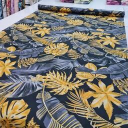پارچه ملحفه ای خارجی رنگ ثابت تضمینی عرض 240 سانت  لطیف طرح هاوایی مشکی طلایی