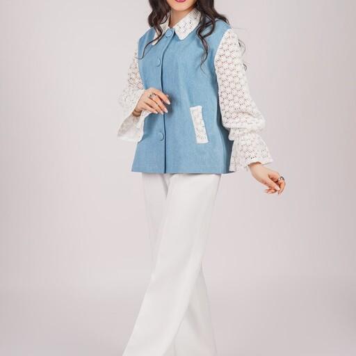 کت زنانه شیک ترکیبی ازپارچه جین وگیپور فری سایز36تا46