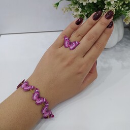 دستبند و انگشتر پنج  پروانه صورتی  .اتصالات دستبند رنگ ثابت و انگشتر کیفیت معمولی