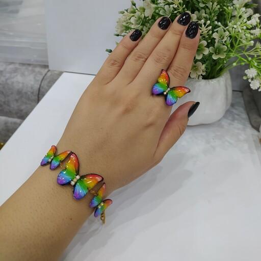 دستبند و انگشتر پروانه رنگین کمانی اتصالات دستبند رنگ ثابت و انگشتر معمولی